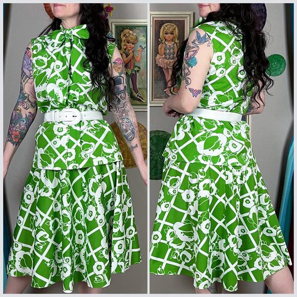Vintage 1970s Lime Green 2-Piece Sleeveless Top and Skirt Matching Set - Picture 4 of 7